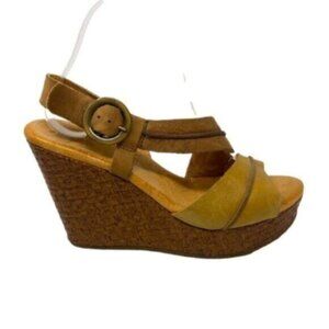 Maya | Tan Leather Mid Wedge Heel Ankle Strap Sandals Shoes Size 9
